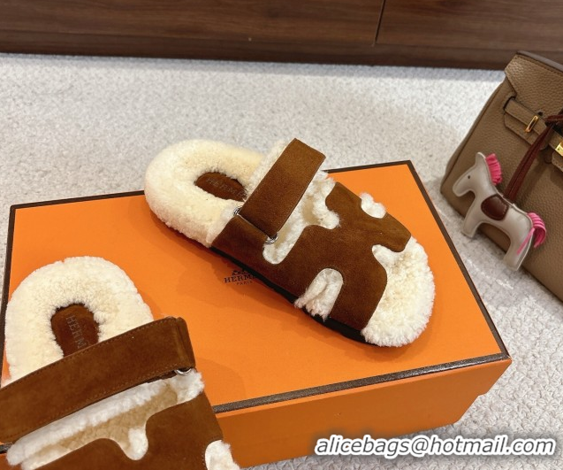 Popular Style Hermes Chypre Flat Slides Sandal in Suede and Shearling Dark Brown H102307 1023121