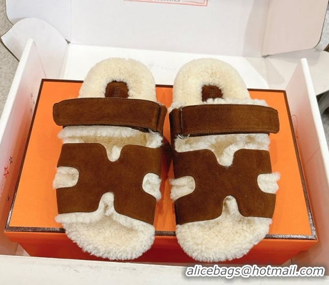 Popular Style Hermes Chypre Flat Slides Sandal in Suede and Shearling Dark Brown H102307 1023121