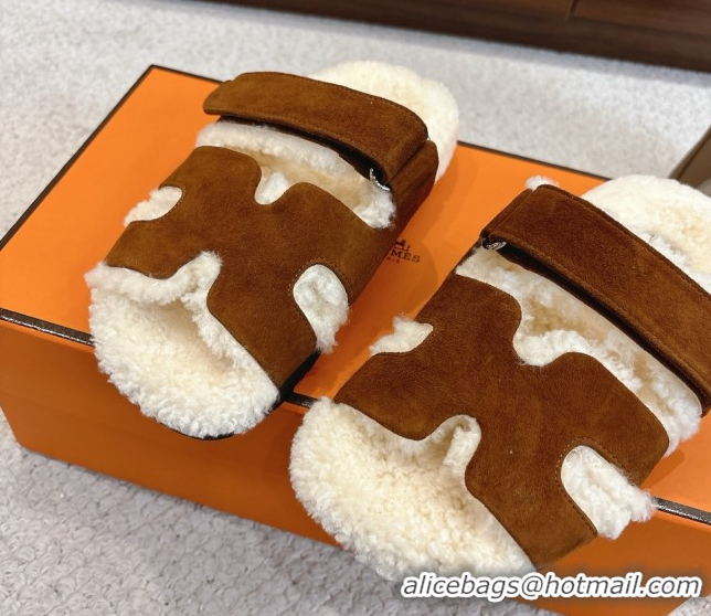 Popular Style Hermes Chypre Flat Slides Sandal in Suede and Shearling Dark Brown H102307 1023121