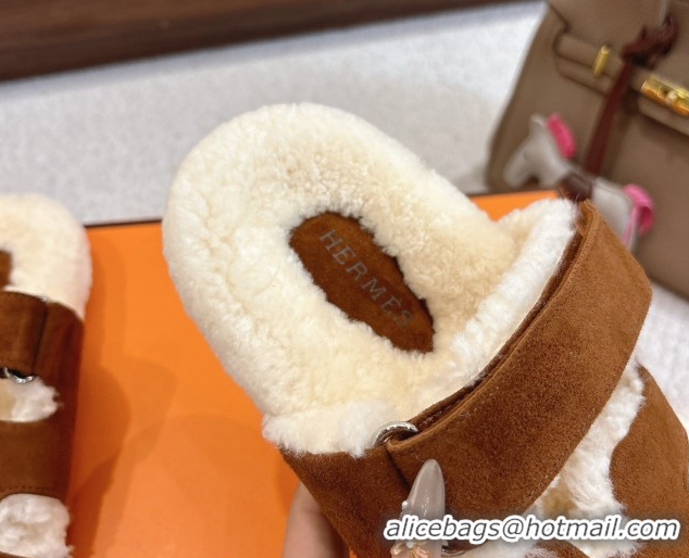 Popular Style Hermes Chypre Flat Slides Sandal in Suede and Shearling Dark Brown H102307 1023121