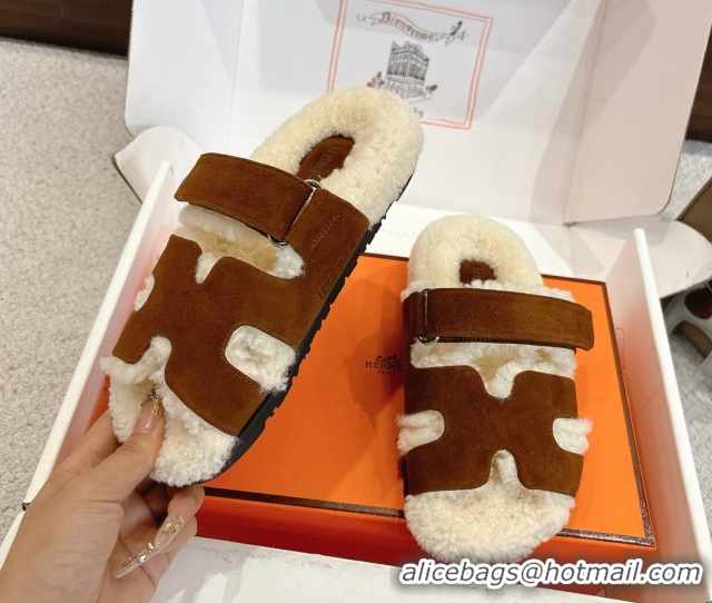 Popular Style Hermes Chypre Flat Slides Sandal in Suede and Shearling Dark Brown H102307 1023121