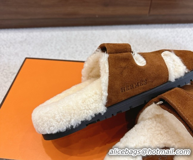 Popular Style Hermes Chypre Flat Slides Sandal in Suede and Shearling Dark Brown H102307 1023121