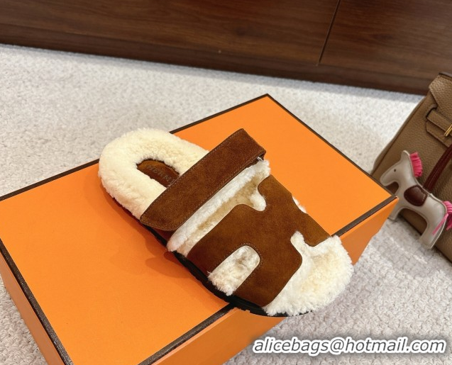 Popular Style Hermes Chypre Flat Slides Sandal in Suede and Shearling Dark Brown H102307 1023121