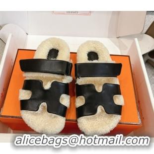 Most Popular Hermes Chypre Flat Slides Sandal in Calfskin Leather and Shearling Black H102307 1023122