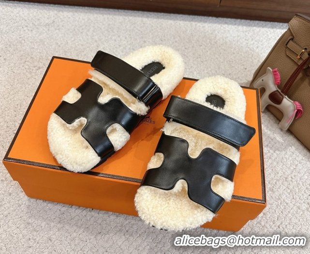 Most Popular Hermes Chypre Flat Slides Sandal in Calfskin Leather and Shearling Black H102307 1023122