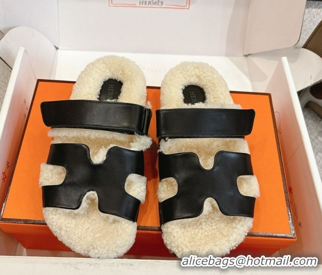 Most Popular Hermes Chypre Flat Slides Sandal in Calfskin Leather and Shearling Black H102307 1023122