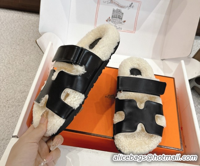 Most Popular Hermes Chypre Flat Slides Sandal in Calfskin Leather and Shearling Black H102307 1023122