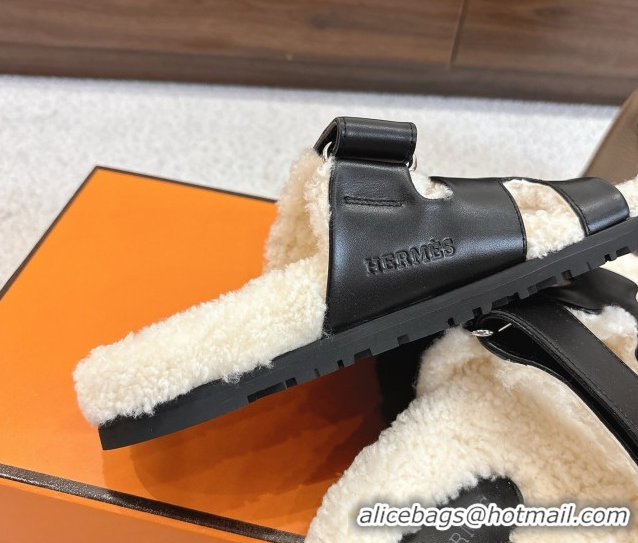 Most Popular Hermes Chypre Flat Slides Sandal in Calfskin Leather and Shearling Black H102307 1023122