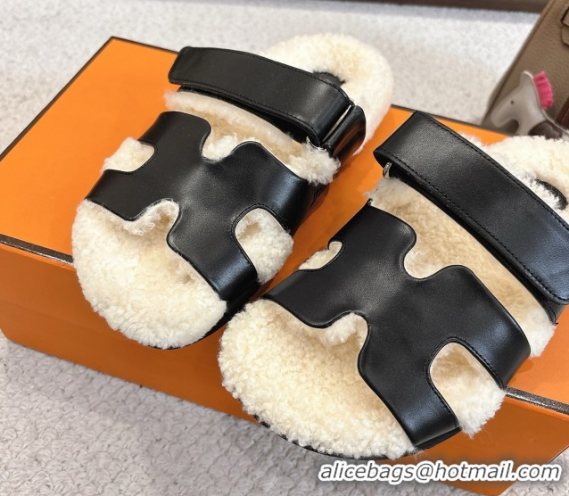 Most Popular Hermes Chypre Flat Slides Sandal in Calfskin Leather and Shearling Black H102307 1023122