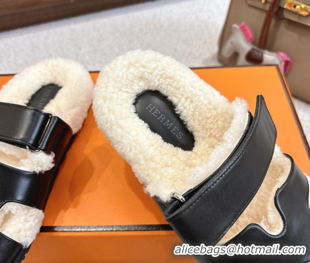 Most Popular Hermes Chypre Flat Slides Sandal in Calfskin Leather and Shearling Black H102307 1023122