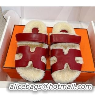 Good Looking Hermes Chypre Flat Slides Sandal in Calfskin Leather and Shearling Red 2025 H102307 1023123