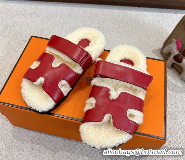 Good Looking Hermes Chypre Flat Slides Sandal in Calfskin Leather and Shearling Red 2025 H102307 1023123