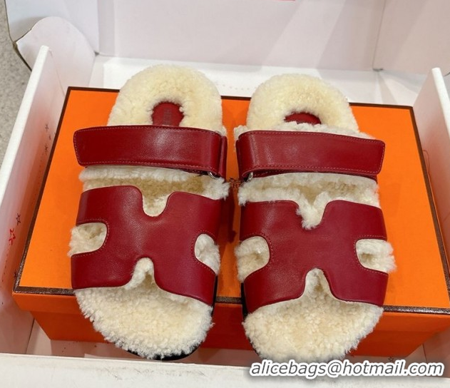 Good Looking Hermes Chypre Flat Slides Sandal in Calfskin Leather and Shearling Red 2025 H102307 1023123