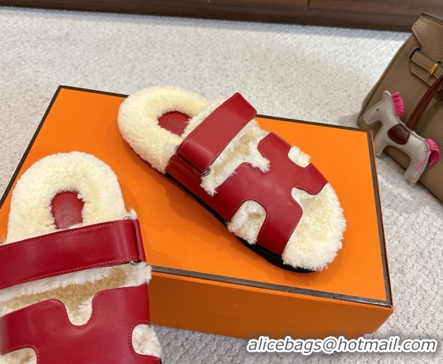 Good Looking Hermes Chypre Flat Slides Sandal in Calfskin Leather and Shearling Red 2025 H102307 1023123