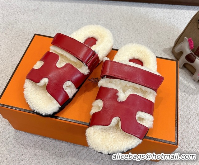 Good Looking Hermes Chypre Flat Slides Sandal in Calfskin Leather and Shearling Red 2025 H102307 1023123