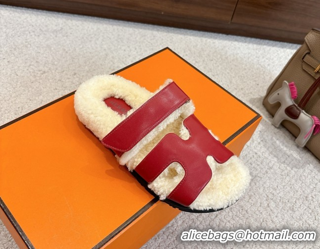 Good Looking Hermes Chypre Flat Slides Sandal in Calfskin Leather and Shearling Red 2025 H102307 1023123