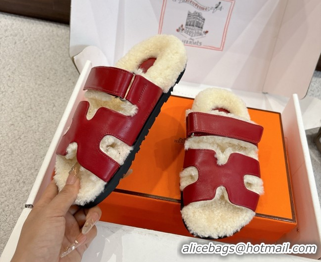 Good Looking Hermes Chypre Flat Slides Sandal in Calfskin Leather and Shearling Red 2025 H102307 1023123