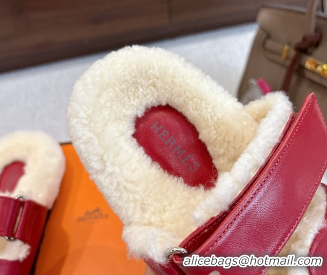 Good Looking Hermes Chypre Flat Slides Sandal in Calfskin Leather and Shearling Red 2025 H102307 1023123