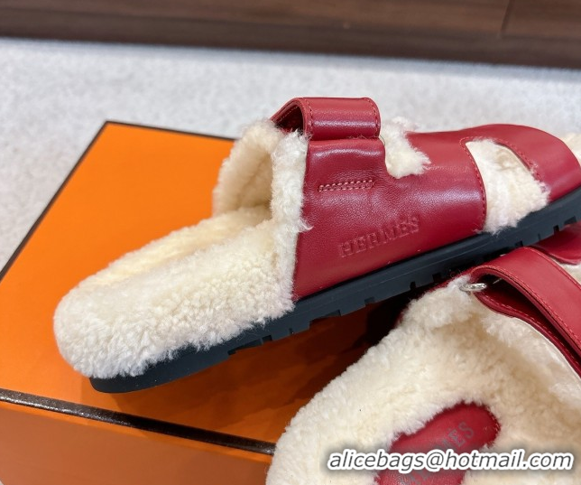 Good Looking Hermes Chypre Flat Slides Sandal in Calfskin Leather and Shearling Red 2025 H102307 1023123