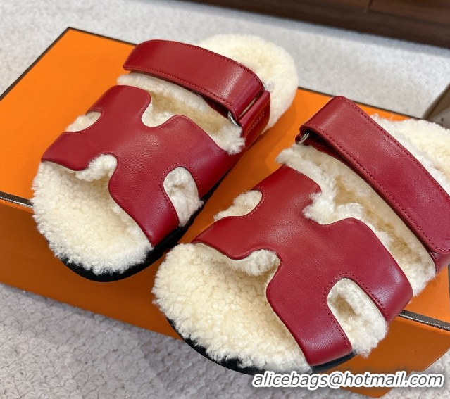 Good Looking Hermes Chypre Flat Slides Sandal in Calfskin Leather and Shearling Red 2025 H102307 1023123