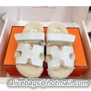 Top Design Hermes Chypre Flat Slides Sandal in Calfskin Leather and Shearling White H102307 1023124