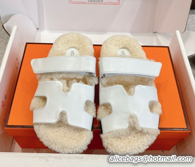 Top Design Hermes Chypre Flat Slides Sandal in Calfskin Leather and Shearling White H102307 1023124