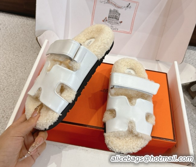 Top Design Hermes Chypre Flat Slides Sandal in Calfskin Leather and Shearling White H102307 1023124