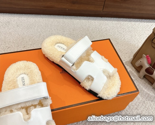 Top Design Hermes Chypre Flat Slides Sandal in Calfskin Leather and Shearling White H102307 1023124