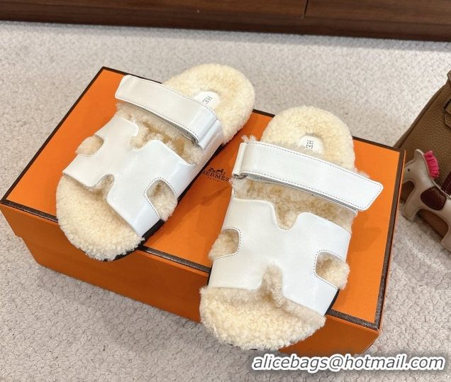 Top Design Hermes Chypre Flat Slides Sandal in Calfskin Leather and Shearling White H102307 1023124