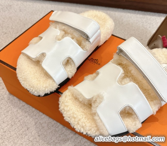 Top Design Hermes Chypre Flat Slides Sandal in Calfskin Leather and Shearling White H102307 1023124
