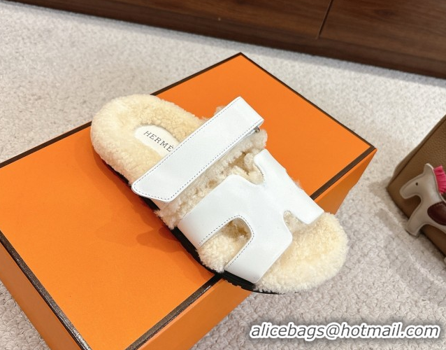 Top Design Hermes Chypre Flat Slides Sandal in Calfskin Leather and Shearling White H102307 1023124