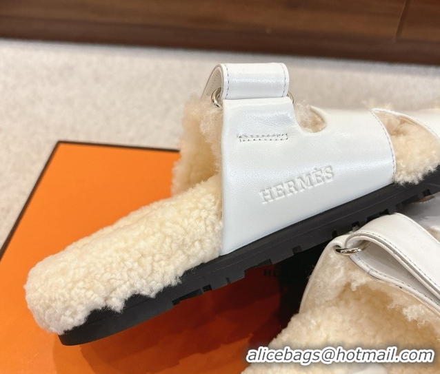 Top Design Hermes Chypre Flat Slides Sandal in Calfskin Leather and Shearling White H102307 1023124