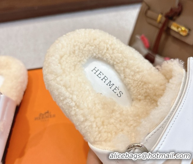 Top Design Hermes Chypre Flat Slides Sandal in Calfskin Leather and Shearling White H102307 1023124