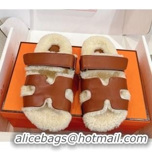 Pretty Style Hermes Chypre Flat Slides Sandal in Calfskin Leather and Shearling Brown H102307 1023125