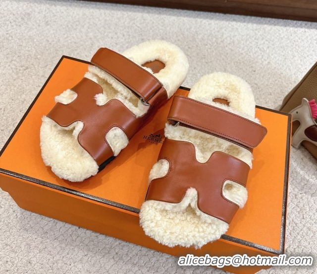 Pretty Style Hermes Chypre Flat Slides Sandal in Calfskin Leather and Shearling Brown H102307 1023125