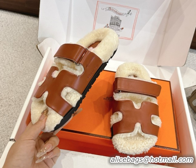 Pretty Style Hermes Chypre Flat Slides Sandal in Calfskin Leather and Shearling Brown H102307 1023125