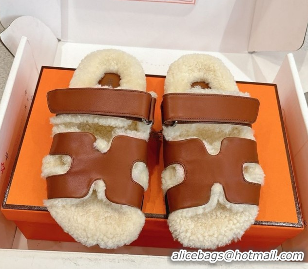 Pretty Style Hermes Chypre Flat Slides Sandal in Calfskin Leather and Shearling Brown H102307 1023125