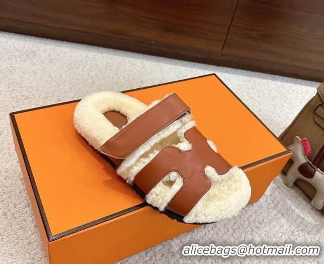 Pretty Style Hermes Chypre Flat Slides Sandal in Calfskin Leather and Shearling Brown H102307 1023125