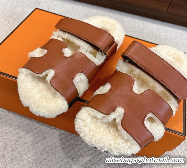 Pretty Style Hermes Chypre Flat Slides Sandal in Calfskin Leather and Shearling Brown H102307 1023125