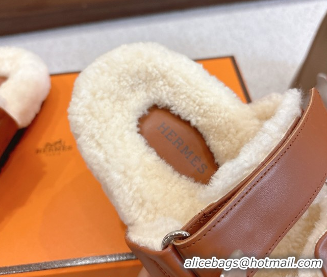Pretty Style Hermes Chypre Flat Slides Sandal in Calfskin Leather and Shearling Brown H102307 1023125