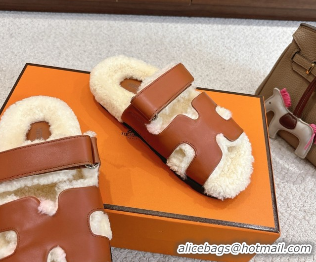 Pretty Style Hermes Chypre Flat Slides Sandal in Calfskin Leather and Shearling Brown H102307 1023125