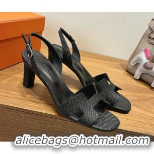 Durable Hermes Eremite Heel Sandals 8.5cm in Ostrich Embossed Leather Black H102308 1023127