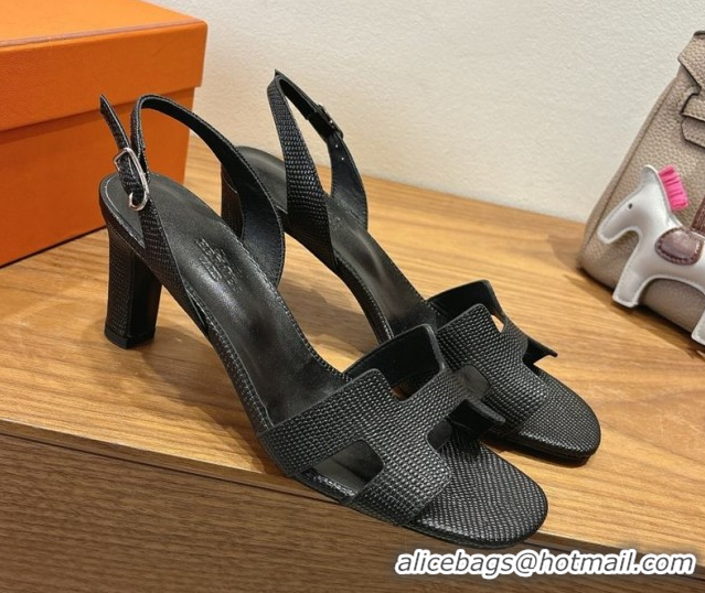 Durable Hermes Eremite Heel Sandals 8.5cm in Ostrich Embossed Leather Black H102308 1023127