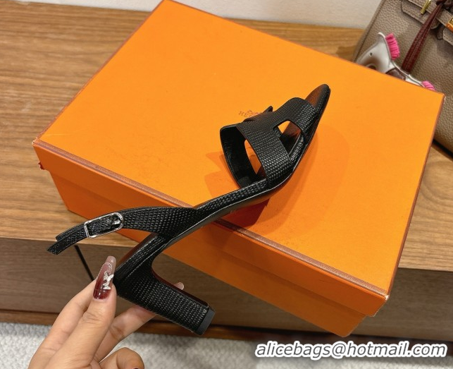 Durable Hermes Eremite Heel Sandals 8.5cm in Ostrich Embossed Leather Black H102308 1023127