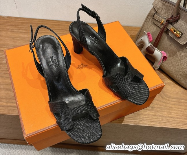 Durable Hermes Eremite Heel Sandals 8.5cm in Ostrich Embossed Leather Black H102308 1023127