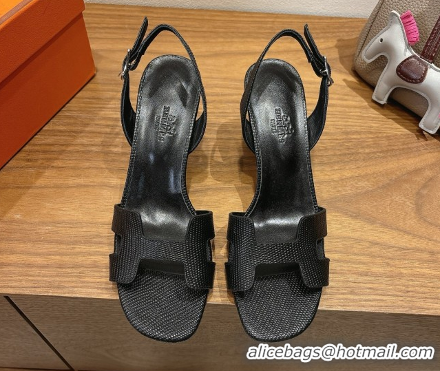 Durable Hermes Eremite Heel Sandals 8.5cm in Ostrich Embossed Leather Black H102308 1023127