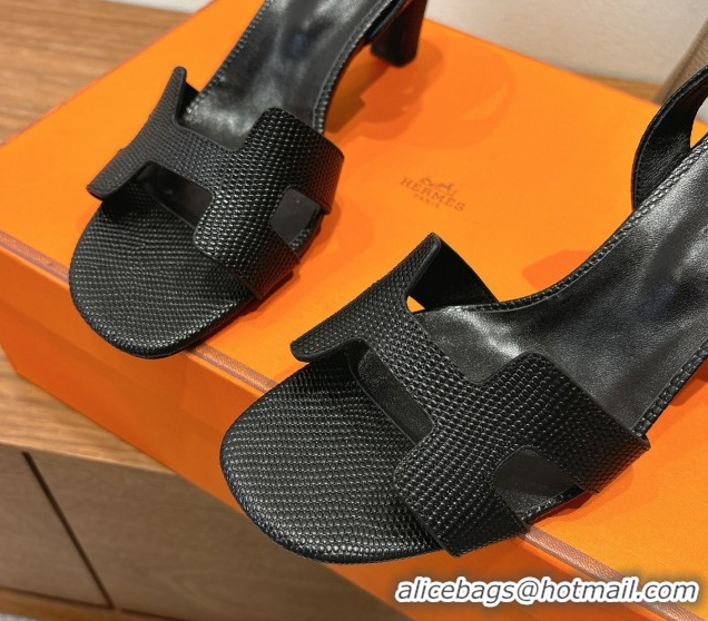 Durable Hermes Eremite Heel Sandals 8.5cm in Ostrich Embossed Leather Black H102308 1023127