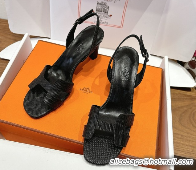 Durable Hermes Eremite Heel Sandals 8.5cm in Ostrich Embossed Leather Black H102308 1023127