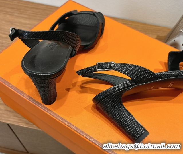 Durable Hermes Eremite Heel Sandals 8.5cm in Ostrich Embossed Leather Black H102308 1023127