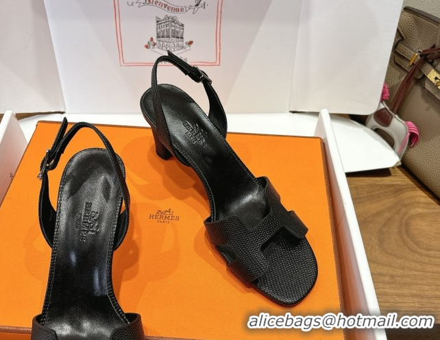 Durable Hermes Eremite Heel Sandals 8.5cm in Ostrich Embossed Leather Black H102308 1023127